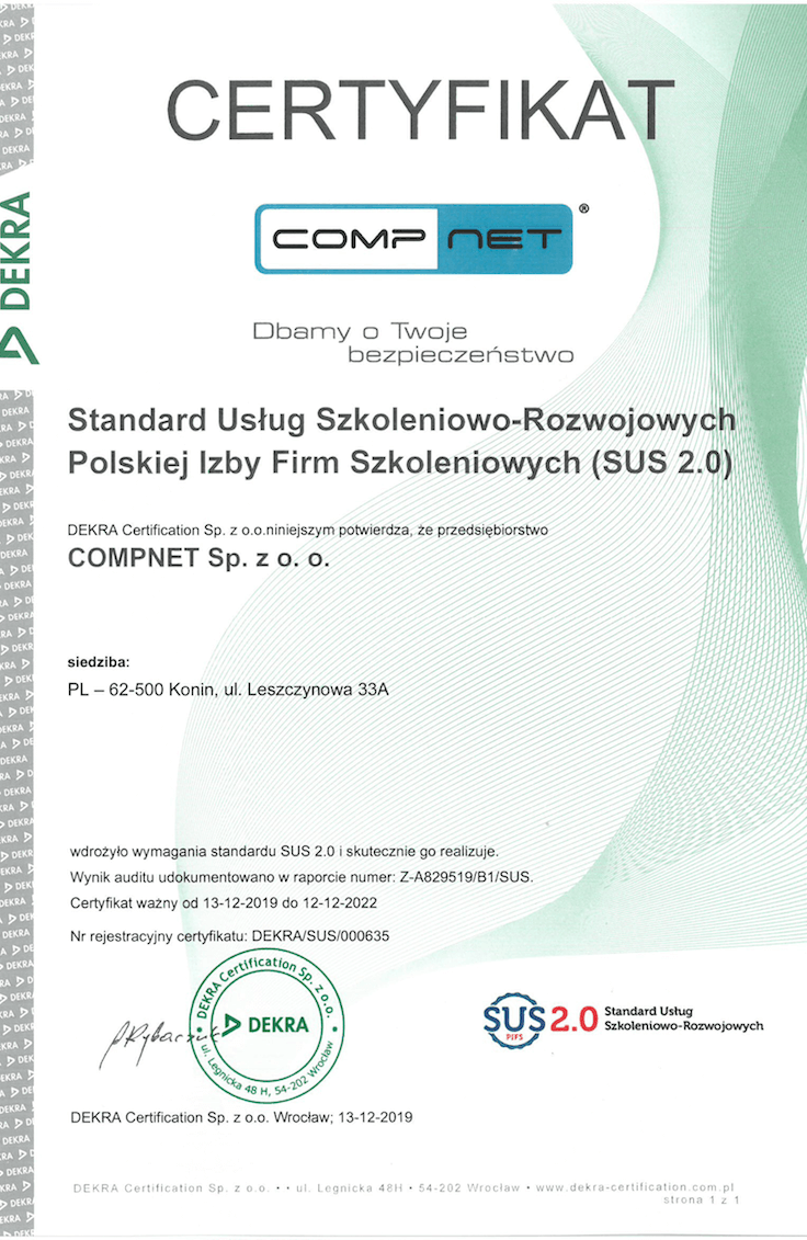 „Certyfikat potwierdzający wysoki standard  usług szkoleniowo-rozwojowych dla CompNet”