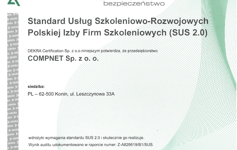 „Certyfikat potwierdzający wysoki standard  usług szkoleniowo-rozwojowych dla CompNet”